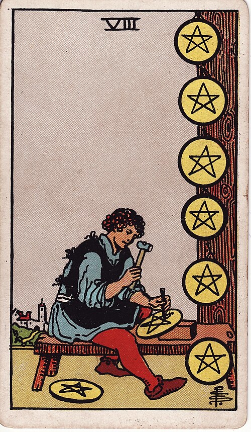 Eight of Pentacles 1909 Pamela Colman Smith Tarot plate