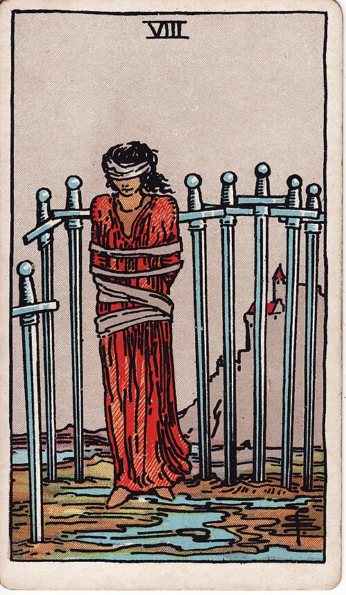 Eight of Swords 1909 Pamela Colman Smith Tarot plate