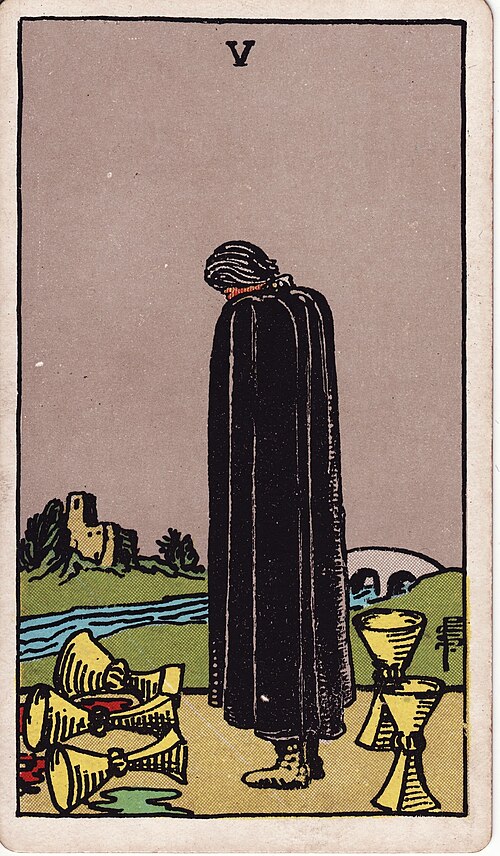 Five of Cups 1909 Pamela Colman Smith Tarot plate