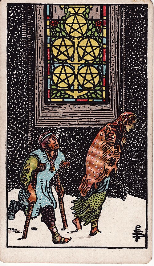 Five of Pentacles 1909 Pamela Colman Smith Tarot plate