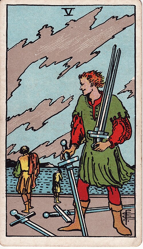 Five of Swords 1909 Pamela Colman Smith Tarot plate