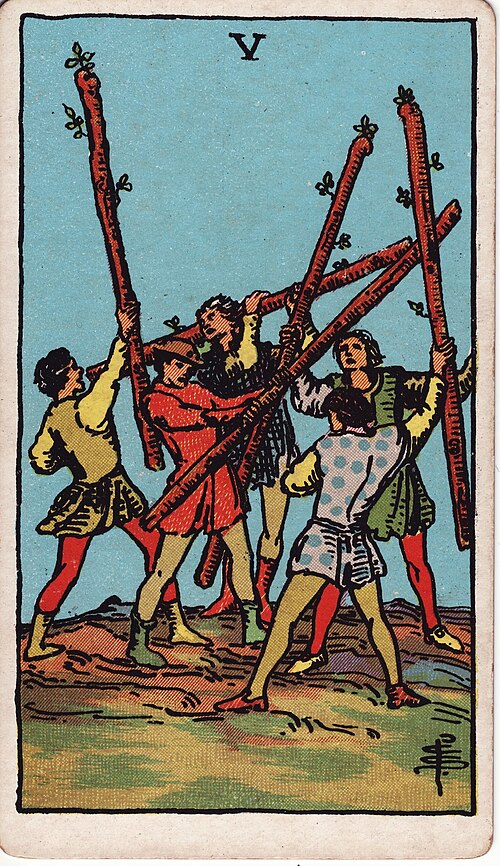 Five of Wands 1909 Pamela Colman Smith Tarot plate