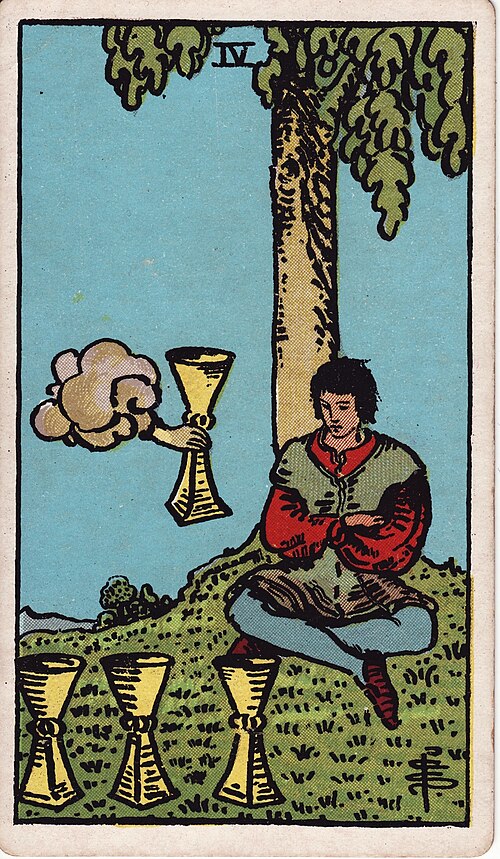 Four of Cups 1909 Pamela Colman Smith Tarot plate