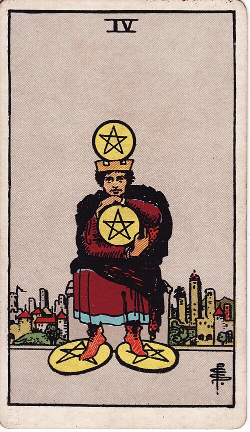 Four of Pentacles 1909 Pamela Colman Smith Tarot plate