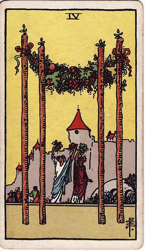 Four of Wands 1909 Pamela Colman Smith Tarot plate