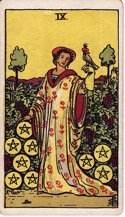 Nine of Pentacles 1909 Pamela Colman Smith Tarot plate