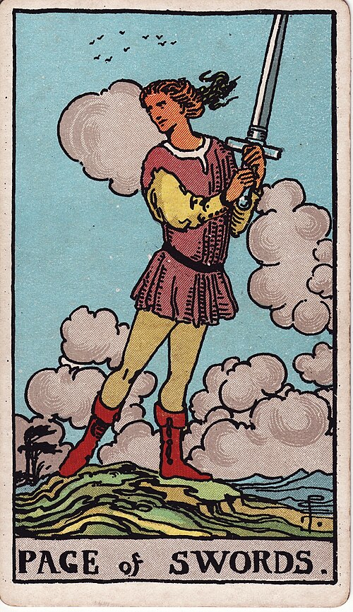 Page of Swords 1909 Pamela Colman Smith Tarot plate