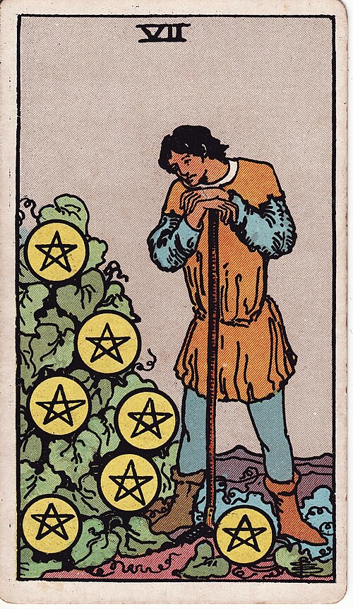 Seven of Pentacles 1909 Pamela Colman Smith Tarot plate