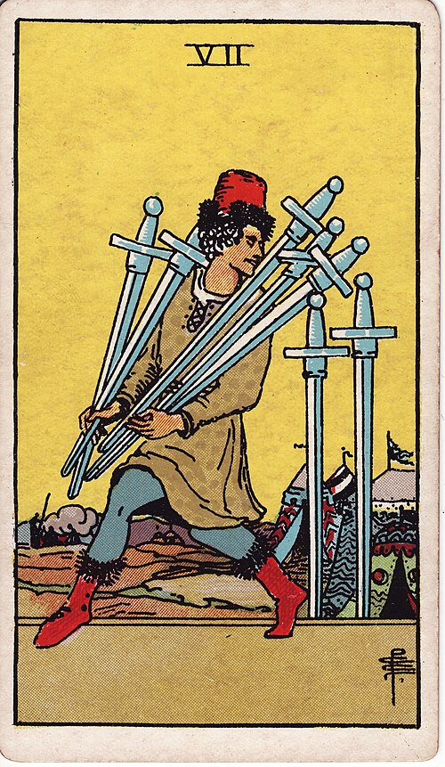 Seven of Swords 1909 Pamela Colman Smith Tarot plate