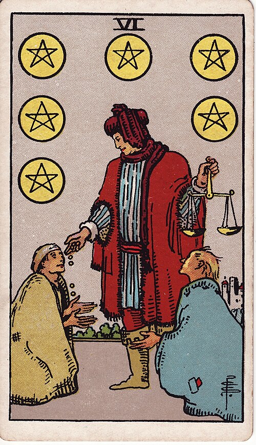 Six of Pentacles 1909 Pamela Colman Smith Tarot plate