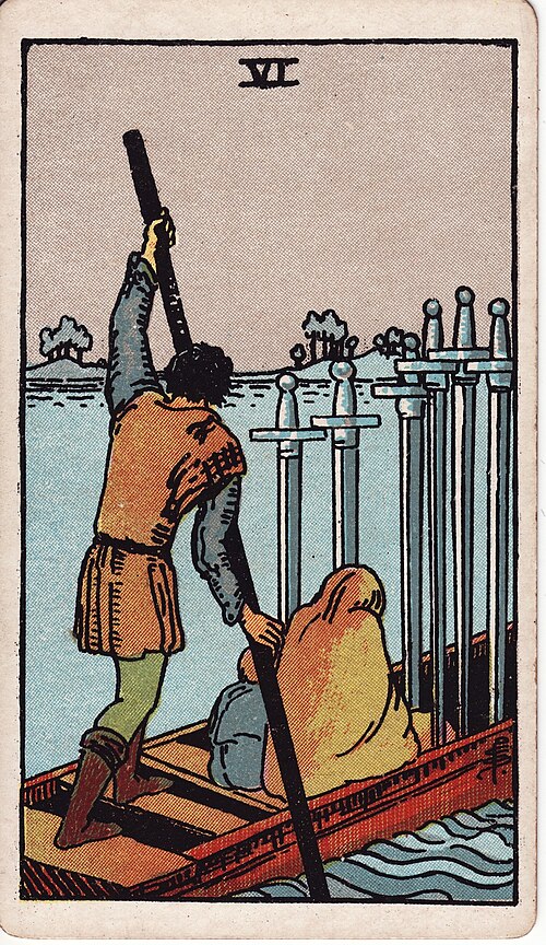 Six of Swords 1909 Pamela Colman Smith Tarot plate