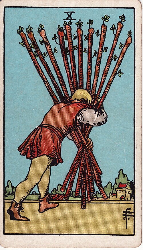 Ten of Wands 1909 Pamela Colman Smith Tarot plate