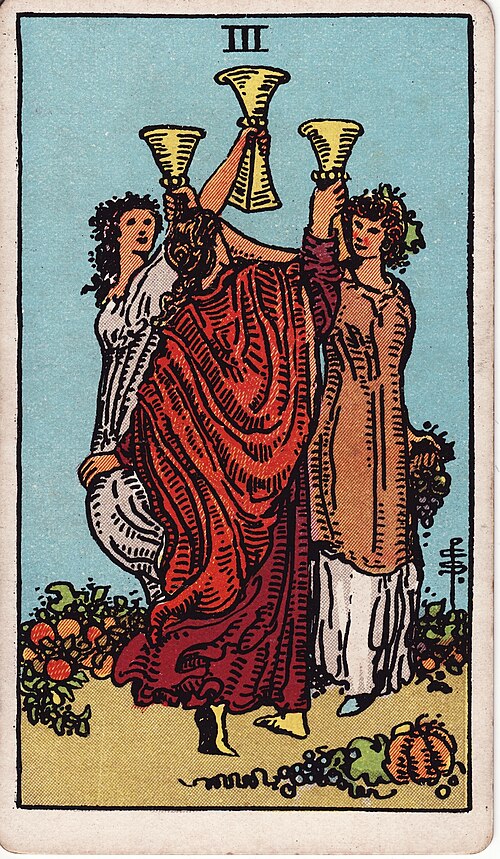 Three of Cups 1909 Pamela Colman Smith Tarot plate