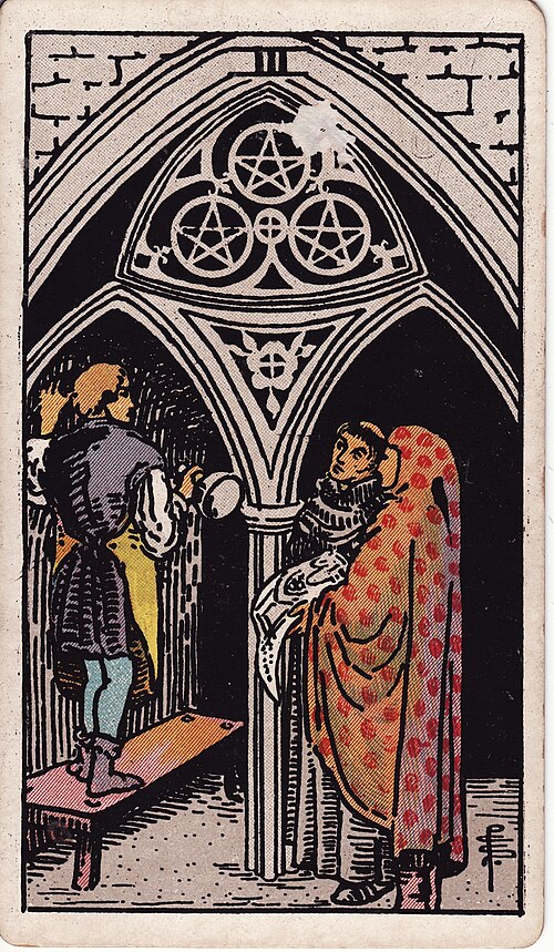Three of Pentacles 1909 Pamela Colman Smith Tarot plate
