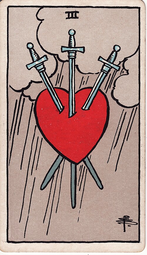Three of Swords 1909 Pamela Colman Smith Tarot plate