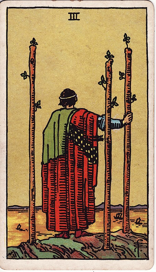 Three of Wands 1909 Pamela Colman Smith Tarot plate