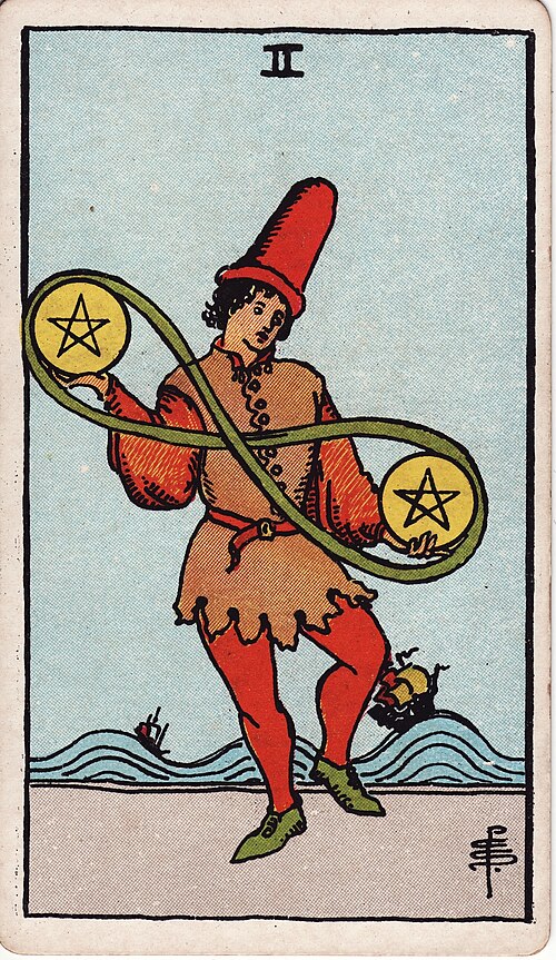 Two of Pentacles 1909 Pamela Colman Smith Tarot plate