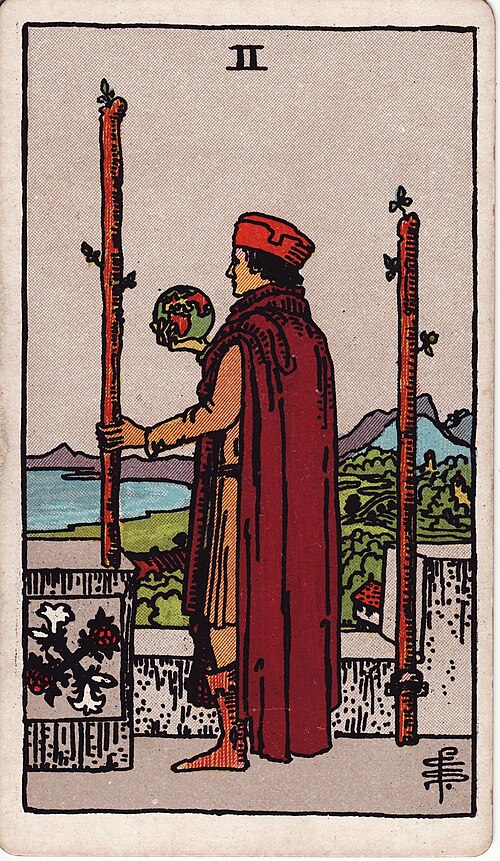 Two of Wands 1909 Pamela Colman Smith Tarot plate